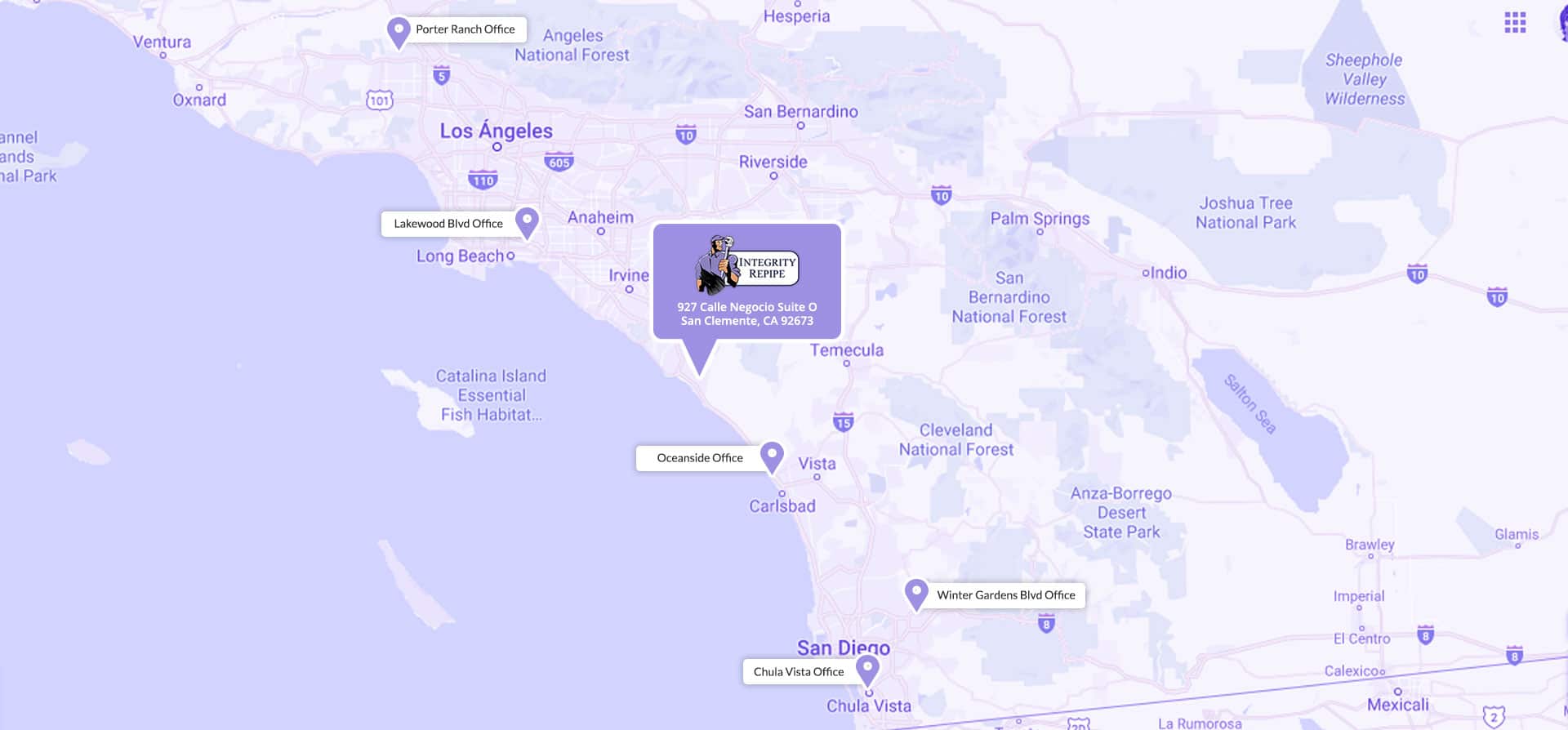 Integrity Repipe's map showing area of service including Lake Forest and surrounding cities