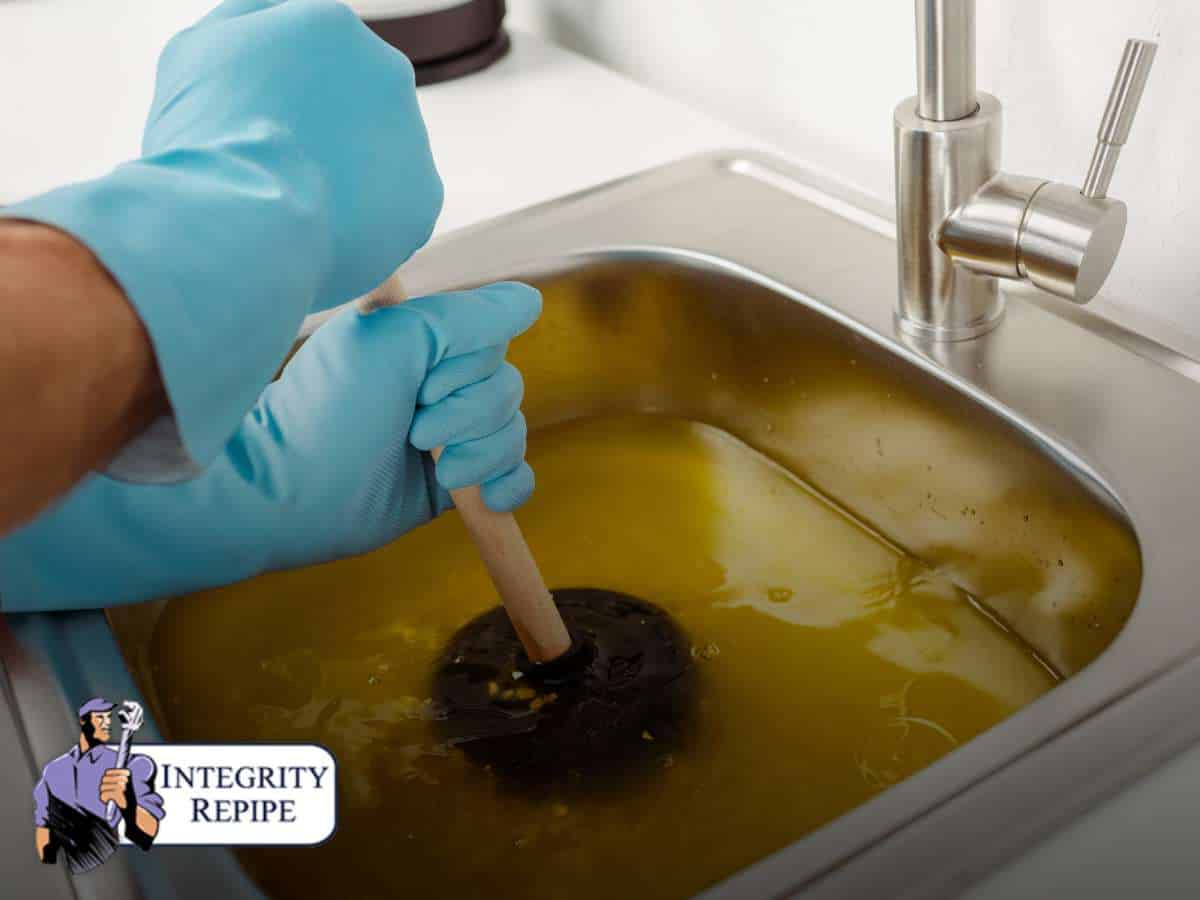 Plumber using a plunger to clear a clogged sink, avoiding the risks of Liquid Drain Cleaners