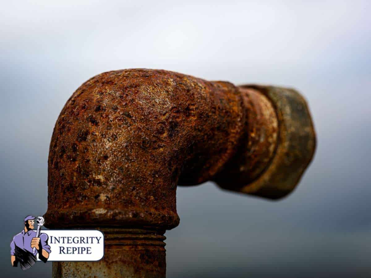 Close-up of galvanized pipe corrosion showing rust and deterioration.