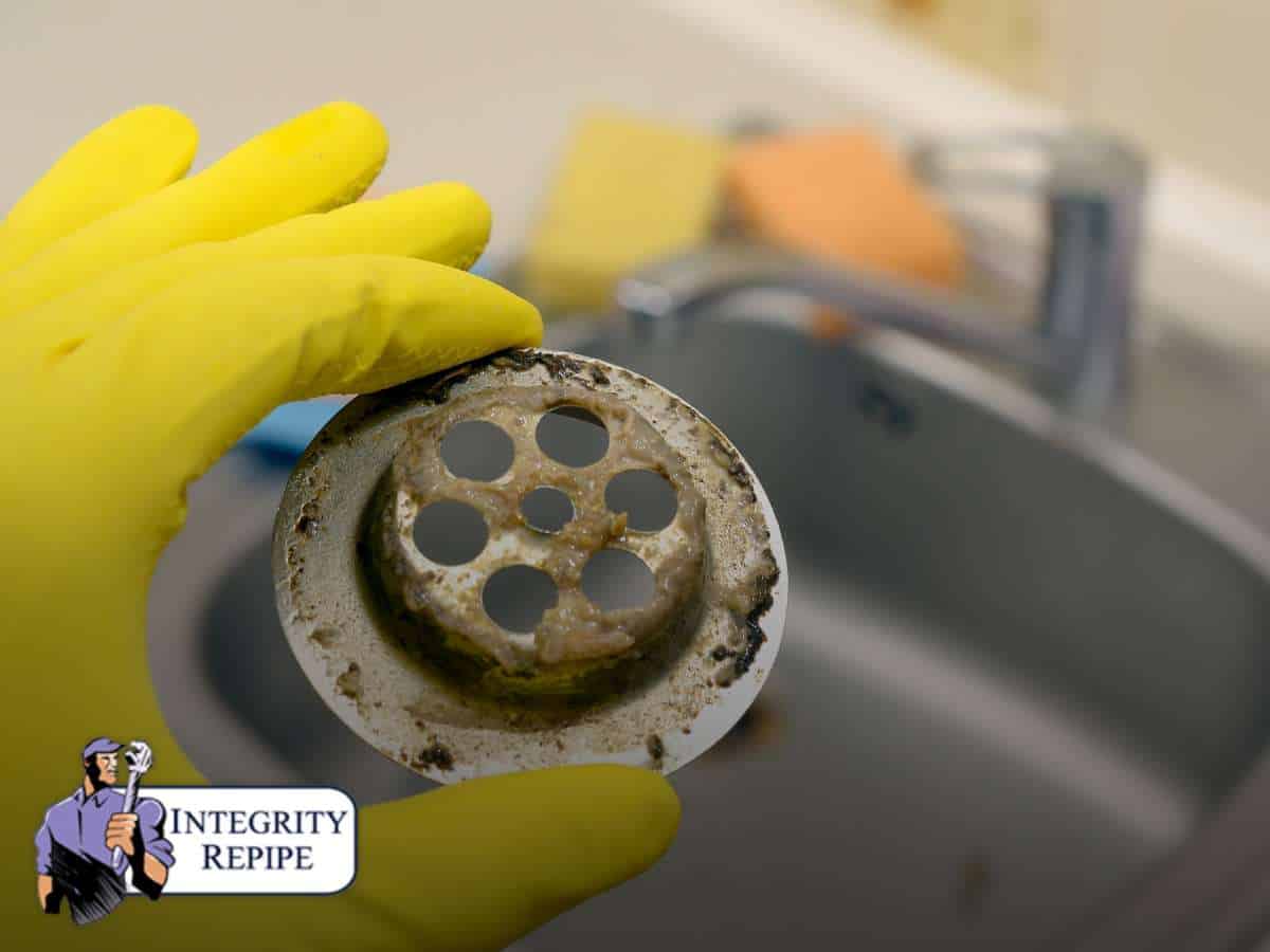 Gloved hand holding a dirty drain cover causing drain odors in the kitchen sink